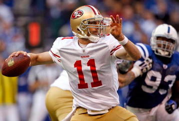 INDIANAPOLIS - NOVEMBER 01:  Alex Smith #11 of the San Francisco 49ers throws a pass during the NFL game against  the Indianapolis Colts  at Lucas Oil Stadium on November 1, 2009 in Indianapolis, Indiana. The Colts won 18-14.  (Photo by Andy Lyons/Getty Images)