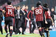 NAPLES, ITALY - OCTOBER 28: Gianluca Zambrotta and Ronaldinho and Filippo Inzaghi of AC Milan celebrate after scoring the first goal during the Serie A match between SSC Napoli and AC Milan at Stadio San Paolo on October 28, 2009 in Rome, Italy. (Photo by Giuseppe Bellini/Getty Images)