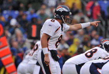 BALTIMORE - NOVEMBER 1:  Kyle Orton #8 of the Denver Broncos audibles during the game against the Baltimore Ravens at M&T Bank Stadium on November 1, 2009 in Baltimore, Maryland. The Ravens defeated the Broncos 30-7. (Photo by Larry French/Getty Images)