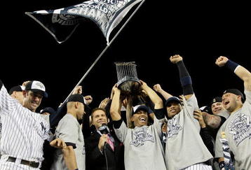 NEW YORK - NOVEMBER 04:  The New York Yankees celebrate after their 7-3 win against the Philadelphia Phillies in Game Six of the 2009 MLB World Series at Yankee Stadium on November 4, 2009 in the Bronx borough of New York City.  (Photo by Pool/Getty Images)