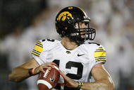 STATE COLLEGE, PA - SEPTEMBER 26: Ricky Stanzi #12 of the Iowa Hawkeyes throws a pass while playing the Penn State Nittnay Lions on September 26, 2009 at Beaver Stadium in State College, Pennsylvania. Iowa won the game 21-10. (Photo by Gregory Shamus/Getty Images)