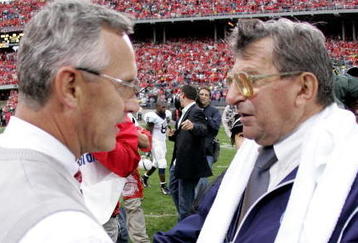 COLUMBUS, OH - SEPTEMBER 23:  Jim Tressel head coach of the Ohio State Buckeyes shakes hands after a 28-6 victory with Joe Paterno, head coach of the Penn State Nittany Lions, on September 23, 2006 at Ohio Stadium in Columbus, Ohio. (Photo by Gregory Shamus/Getty Images)