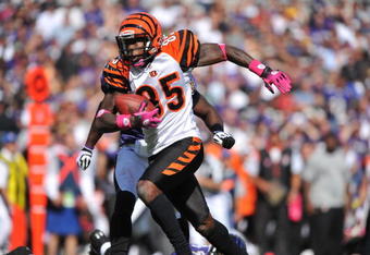 BALTIMORE - OCTOBER 11:  Chad Ochocinco #85 of the Cincinnati Bengals runs the ball after a catch against the Baltimore Ravens at M&T Bank Stadium on October 11, 2009 in Baltimore, Maryland. The Bengals defeated the Ravens 17-14. (Photo by Larry French/Getty Images)