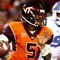 BLACKSBURG, VA - OCTOBER 29:  Quarterback Tyrod Taylor #5 of the Virginia Tech University Hokies looks to pass the ball against E.J. Wilson #92 of the North Carolina Tar Heels during the first quarter of the game at Lane Stadium on October 29, 2009 in Blacksburg, Virginia.  (Photo by Scott Halleran/Getty Images)