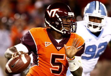 BLACKSBURG, VA - OCTOBER 29:  Quarterback Tyrod Taylor #5 of the Virginia Tech University Hokies looks to pass the ball against E.J. Wilson #92 of the North Carolina Tar Heels during the first quarter of the game at Lane Stadium on October 29, 2009 in Blacksburg, Virginia.  (Photo by Scott Halleran/Getty Images)