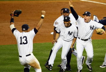 NEW YORK - NOVEMBER 04:  Mariano Rivera #42 (C) and Mark Teixeira #25 (R) of the New York Yankees runs towards Alex Rodriguez #13 and his teammates as they celebrate after their 7-3 win against the Philadelphia Phillies in Game Six of the 2009 MLB World Series at Yankee Stadium on November 4, 2009 in the Bronx borough of New York City.  (Photo by Chris McGrath/Getty Images)