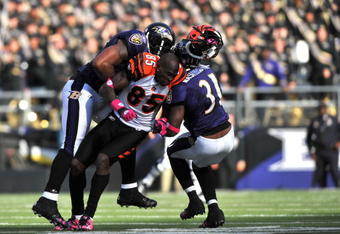 BALTIMORE - OCTOBER 11:  Chad Ochocinco #85 of the Cincinnati Bengals loses his helmet after an interference call during the game against the Baltimore Ravens at M&T Bank Stadium on October 11, 2009 in Baltimore, Maryland. The Bengals defeated the Ravens 17-14. (Photo by Larry French/Getty Images)
