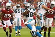GLENDALE, AZ - NOVEMBER 01:  Running back Jonathan Stewart #28 of the Carolina Panthers scores a 6 yard rushing touchdown past Dominique Rodgers-Cromartie #28 of the Arizona Cardinals during the first quarter of the NFL game at the Universtity of Phoenix Stadium on November 1, 2009 in Glendale, Arizona.  (Photo by Christian Petersen/Getty Images)