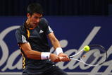 BASEL, SWITZERLAND - NOVEMBER 05:  Novak Djokovic of Serbia plays a backhand in his match against Jan Hernych of Czech Republic during Day Four of the Davidoff Swiss Indoors Tennis at St Jakobshalle on November 5, 2009 in Basel, Switzerland.  (Photo by Julian Finney/Getty Images)