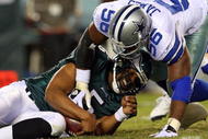 PHILADELPHIA - DECEMBER 28: Bradie James #56 of the Dallas Cowboys sacks Donovan McNabb #5 of the Philadelphia Eagles on December 28, 2008 at Lincoln Financial Field in Philadelphia, Pennsylvania. (Photo by Jim McIsaac/Getty Images)
