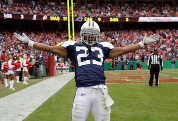 KANSAS CITY, MO - OCTOBER 11:  Tashard Choice #23 of the Dallas Cowboys celebrates in the end zone during the NFL game against the Kansas City Chiefs at Arrowhead Stadiumin on October 11, 2009 Kansas City, Missouri. The Cowboys defeated the Chiefs 26-20 in overtime. (Photo by Jamie Squire/Getty Images)