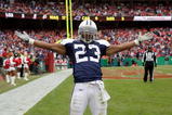 KANSAS CITY, MO - OCTOBER 11:  Tashard Choice #23 of the Dallas Cowboys celebrates in the end zone during the NFL game against the Kansas City Chiefs at Arrowhead Stadiumin on October 11, 2009 Kansas City, Missouri. The Cowboys defeated the Chiefs 26-20 in overtime. (Photo by Jamie Squire/Getty Images)
