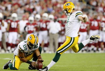 GLENDALE, AZ - AUGUST 28:  Mason Crosby #2 of the Green Bay Packers kicks a field goal during the first quarter against the Arizona Cardinals at the University of Phoenix Stadium on August 28, 2009 in Glendale, Arizona.  (Photo by Christian Petersen/Getty Images)