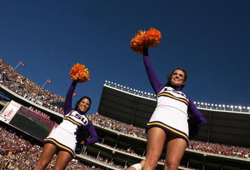 TUSCALOOSA, AL - NOVEMBER 03:  LSU cheerleaders perform during a stoppage in play as the LSU Tigers take on the Alabama Crimson Tide at Bryant-Denny Stadium on November 3, 2007 in Tuscaloosa, Alabama.  (Photo by Doug Benc/Getty Images)