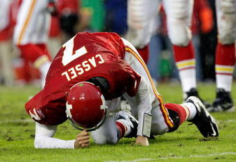 KANSAS CITY, MO - OCTOBER 25:  Quarterback Matt Cassel #7 of the Kansas City Chiefs gets up slowly after being sacked by the San Diego Chargers during the game on October 25, 2009 at Arrowhead Stadium in Kansas City, Missouri.  (Photo by Jamie Squire/Getty Images)