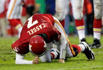 KANSAS CITY, MO - OCTOBER 25:  Quarterback Matt Cassel #7 of the Kansas City Chiefs gets up slowly after being sacked by the San Diego Chargers during the game on October 25, 2009 at Arrowhead Stadium in Kansas City, Missouri.  (Photo by Jamie Squire/Getty Images)