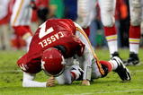 KANSAS CITY, MO - OCTOBER 25:  Quarterback Matt Cassel #7 of the Kansas City Chiefs gets up slowly after being sacked by the San Diego Chargers during the game on October 25, 2009 at Arrowhead Stadium in Kansas City, Missouri.  (Photo by Jamie Squire/Getty Images)
