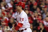 PHILADELPHIA - NOVEMBER 02:  Chase Utley #26 of the Philadelphia Phillies hits a 3-run home run in the bottom of the first inning against the New York Yankees in Game Five of the 2009 MLB World Series at Citizens Bank Park on November 2, 2009 in Philadelphia, Pennsylvania.  (Photo by Nick Laham/Getty Images)