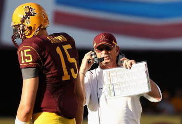 TEMPE, AZ - OCTOBER 03:  Head coach Dennis Erickson talks with quarterback Danny Sullivan #15 of the Arizona State Sun Devils during the college football game against the Oregon State Beavers at Sun Devil Stadium on October 3, 2009 in Tempe, Arizona. The Beavers defeated the Sun Devils 28-17.  (Photo by Christian Petersen/Getty Images)