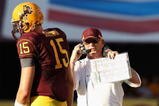 TEMPE, AZ - OCTOBER 03:  Head coach Dennis Erickson talks with quarterback Danny Sullivan #15 of the Arizona State Sun Devils during the college football game against the Oregon State Beavers at Sun Devil Stadium on October 3, 2009 in Tempe, Arizona. The Beavers defeated the Sun Devils 28-17.  (Photo by Christian Petersen/Getty Images)