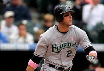 DENVER - MAY 10:  Jeremy Hermida #27 of the Florida Marlins takes an at bat against the Colorado Rockies during MLB action at Coors Field on May 10, 2009 in Denver, Colorado. Hermida was one of many players using pink bats in Major League Baseball today as part of the 'Going To Bat Against Breast Cancer' promotion. The Rockies defeated the Marlins 3-2.  (Photo by Doug Pensinger/Getty Images)