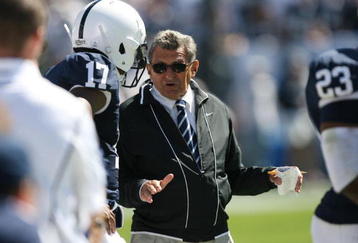 STATE COLLEGE, PA - SEPTEMBER 19: Head coach Joe Paterno of the Penn State Nittany Lions coaches on the sideline during a game against the Temple Owls on September 19, 2009 at Beaver Stadium in State College, Pennsylvania. (Photo by Hunter Martin/Getty Images)