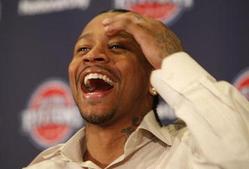 AUBURN HILLS, MI - NOVEMBER 04:  Allen Iverson #1 of the Detroit Pistons is introduced at press conference after being traded from the Denver Nuggets on November 4, 2008 at the Palace of Auburn Hills in Auburn Hills, Michigan. NOTE TO USER: User expressly acknowledges and agrees that, by downloading and or using this photograph, User is consenting to the terms and conditions of the Getty Images License Agreement.  (Photo by Gregory Shamus/Getty Images)