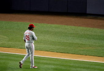 NEW YORK - OCTOBER 29:  Starting pitcher Pedro Martinez #45 of the Philadelphia Phillies comes out of the game in the seventh inning against the New York Yankees in Game Two of the 2009 MLB World Series against at Yankee Stadium on October 29, 2009 in the Bronx borough of New York City.  (Photo by Nick Laham/Getty Images)