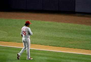NEW YORK - OCTOBER 29:  Starting pitcher Pedro Martinez #45 of the Philadelphia Phillies comes out of the game in the seventh inning against the New York Yankees in Game Two of the 2009 MLB World Series against at Yankee Stadium on October 29, 2009 in the Bronx borough of New York City.  (Photo by Nick Laham/Getty Images)