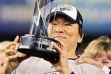 NEW YORK - NOVEMBER 04:  World Series MVP Hideki Matsui #55 of the New York Yankees celebrates with the MVP trophy after their 7-3 win against the Philadelphia Phillies in Game Six of the 2009 MLB World Series at Yankee Stadium on November 4, 2009 in the Bronx borough of New York City.  (Photo by Jed Jacobsohn/Getty Images)