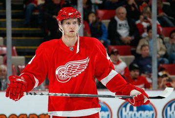 DETROIT - NOVEMBER 3:  Darren Helm #43 of the Detroit Red Wings looks on during the game against the Boston Bruins on November 3, 2009 at Joe Louis Arena in Detroit, Michigan. (Photo by Gregory Shamus/Getty Images)