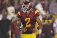 LOS ANGELES, CA - OCTOBER 24: Taylor Mays #2 of the USC Trojans eyes the play against the Oregon State Beavers on October 24, 2009 at the Los Angeles Coliseum in Los Angeles, California. USC won 42-36. (Photo by Jeff Golden/Getty Images)