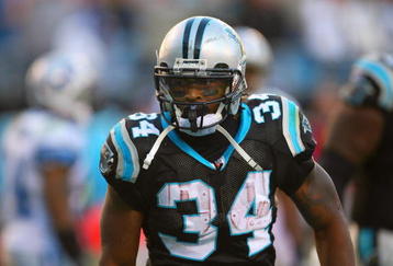 CHARLOTTE, NC - NOVEMBER 16:  DeAngelo Williams #34 of the Carolina Panthers looks on during their NFL game against the Detroit Lions at Bank of America Stadium on November 16, 2008  in Charlotte, North Carolina. The Panthers defeated the Lions 31-22. (Photo by Streeter Lecka/Getty Images)