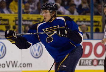 ST. LOUIS, MO. - NOVEMBER 5: Lars Eller #61 of the St. Louis Blues scores a goal against the Calgary Flames in his NHL debut at the Scottrade Center on November 5, 2009 in St. Louis, Missouri.  (Photo by Dilip Vishwanat/Getty Images)