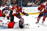 ATLANTA - NOVEMBER 05: Goaltender Mathieu Garon #32 of the Columbus Blue Jackets saves a shot on goal in front of Nik Antropov #80 and Rich Peverley #47 of the Atlanta Thrashers at Philips Arena on November 5, 2009 in Atlanta, Georgia. (Photo by Kevin C. Cox/Getty Images)