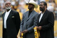 PITTSBURGH - SEPTEMBER 07:  Former members of the Pittsburgh Steelers, L.C. Greenwood (L), Mel Blount, and 'Mean' Joe Greene (R) before a game against the Houston Texans on September 7, 2008 at Heinz Field in Pittsburgh, Pennsylvania.  (Photo by Ronald Martinez/Getty Images)