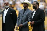 PITTSBURGH - SEPTEMBER 07:  Former members of the Pittsburgh Steelers, L.C. Greenwood (L), Mel Blount, and 'Mean' Joe Greene (R) before a game against the Houston Texans on September 7, 2008 at Heinz Field in Pittsburgh, Pennsylvania.  (Photo by Ronald Martinez/Getty Images)