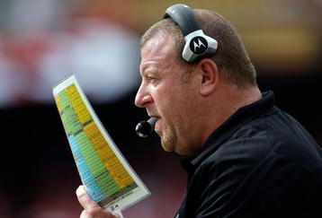 KANSAS CITY, MO - SEPTEMBER 20:  Head coach Tom Cable of the Oakland Raiders calls plays from the bench during the game against the Kansas City Chiefs at Arrowhead Stadium on September 20, 2009 in Kansas City, Missouri.  (Photo by Jamie Squire/Getty Images)