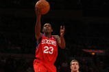 NEW YORK - OCTOBER 31:  Lou Williams #23 of the  the Philadelphia 76ers drives to the basket past David Lee #42 of the New York Knicks at Madison Square Garden on October 31, 2009 in New York, New York. NOTE TO USER: User expressly acknowledges and agrees that, by downloading and or using this photograph, User is consenting to the terms and conditions of the Getty Images License Agreement.  (Photo by Chris Trotman/Getty Images)