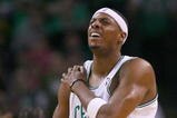 BOSTON, MA - OCTOBER 28: Paul Pierce #34 of the Boston Celtics reacts in  pain during a game against the Charlotte Bobcats at the TD Banknorth Garden on October 28, 2009 in Boston, Massachusetts. NOTE TO USER: User expressly acknowledges and agrees that, by downloading and/or using this Photograph, user is consenting to the terms and conditions of the Getty Images License Agreement. (Photo by Jim Rogash/Getty Images)