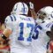 GLENDALE, AZ - SEPTEMBER 27: Wide receiver Pierre Garcon #85 of the Indianapolis Colts reacts with teammate Austin Collie #17 after Garcon makes a 53-yard touchdown catch against the Arizona Cardinals in the second quarter during the game at University of Phoenix Stadium on September 27, 2009 in Glendale, Arizona. (Photo by Harry How/Getty Images)