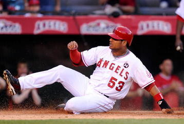 ANAHEIM, CA - OCTOBER 22:  Bobby Abreu #53 of the Los Angeles Angels of Anaheim scores in the first inning in Game Five of the ALCS against the New York Yankees during the 2009 MLB Playoffs at Angel Stadium on October 22, 2009 in Anaheim, California.  (Photo by Kevork Djansezian/Getty Images)