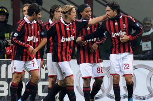 MILAN, ITALY - OCTOBER 31:  Players of AC Milan celebrate Marco Borriello's second goal during the Serie A match between AC Milan and Parma FC at Stadio Giuseppe Meazza on October 31, 2009 in Milan, Italy.  (Photo by Massimo Cebrelli/Getty Images)