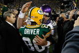 GREEN BAY, WI - NOVEMBER 1: Quarterback Brett Favre #4 of the Minnesota Vikings hugs a Donald Driver #80 of the Green Bay Packers at Lambeau Field on November 1, 2009 in Green Bay, Wisconsin. The Vikings defeated the Packers 38-26. (Photo by Scott Boehm/Getty Images)