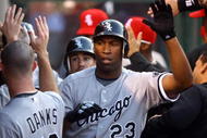 ANAHEIM, CA - MAY 25:  Jermaine Dye #23 of the Chicago White Sox is congratulated by teammates after hitting a three-run homerun in the second inning against the Los Angeles Angels of Anaheim at Angel Stadium on May 25, 2009 in Anaheim, California.  (Photo by Jeff Gross/Getty Images)