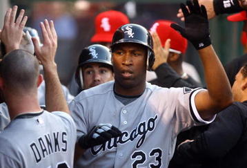 ANAHEIM, CA - MAY 25:  Jermaine Dye #23 of the Chicago White Sox is congratulated by teammates after hitting a three-run homerun in the second inning against the Los Angeles Angels of Anaheim at Angel Stadium on May 25, 2009 in Anaheim, California.  (Photo by Jeff Gross/Getty Images)