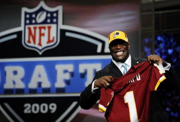 NEW YORK - APRIL 25:  Washington Redskins #13 draft pick Brian Orakpo poses for photographers at Radio City Music Hall for the 2009 NFL Draft on April 25, 2009 in New York City  (Photo by Jeff Zelevansky/Getty Images)