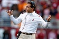 TUSCALOOSA, AL - OCTOBER 24: Head coach Nick Saban of the Alabama Crimson Tide makes a signal from the sidelines against the Tennessee Volunteers at Bryant-Denny Stadium on October 24, 2009 in Tuscaloosa, Alabama. (Photo by Kevin C. Cox/Getty Images)