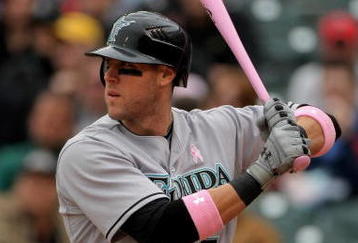 DENVER - MAY 10:  Jeremy Hermida #27 of the Florida Marlins takes an at bat against the Colorado Rockies during MLB action at Coors Field on May 10, 2009 in Denver, Colorado. Hermida was one of many players using pink bats in Major League Baseball today as part of the 'Going To Bat Against Breast Cancer' promotion. The Rockies defeated the Marlins 3-2.  (Photo by Doug Pensinger/Getty Images)