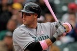 DENVER - MAY 10:  Jeremy Hermida #27 of the Florida Marlins takes an at bat against the Colorado Rockies during MLB action at Coors Field on May 10, 2009 in Denver, Colorado. Hermida was one of many players using pink bats in Major League Baseball today as part of the 'Going To Bat Against Breast Cancer' promotion. The Rockies defeated the Marlins 3-2.  (Photo by Doug Pensinger/Getty Images)